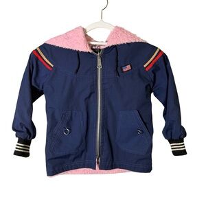 Kids Vintage 70s Navy and Pink Pea Coat Size S Retro Sherpa Lined Cozy